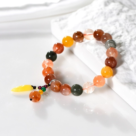 Natural Multi Gemstone Beaded Bracelet With Yellow Leaf Pendant Handmade Elastic Retro Ethnic Zen Jewelry