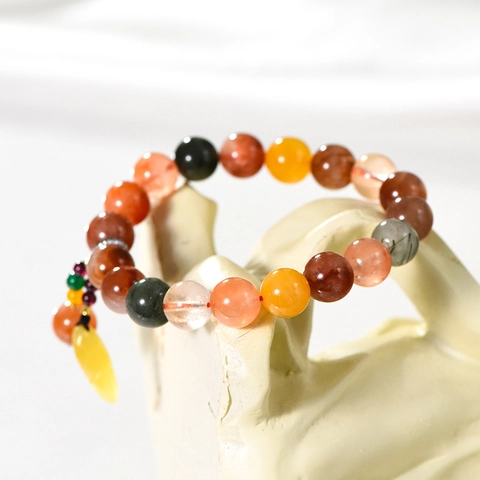 Natural Multi Gemstone Beaded Bracelet With Yellow Leaf Pendant Handmade Elastic Retro Ethnic Zen Jewelry