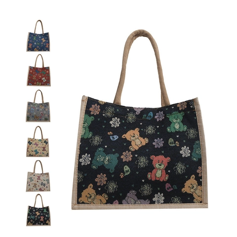 Cartoon Bear Floral Print Linen Canvas Tote Bag Large Capacity Handbag For Women Daily Commute Casual Shoulder Bag