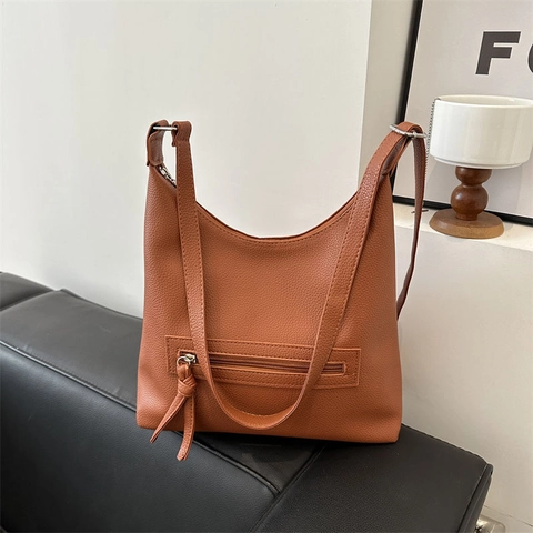 Large Capacity Litchi Grain PU Leather Tote Bag For Women Vintage Minimalist Shoulder Bag Solid Color Commuter Handbag