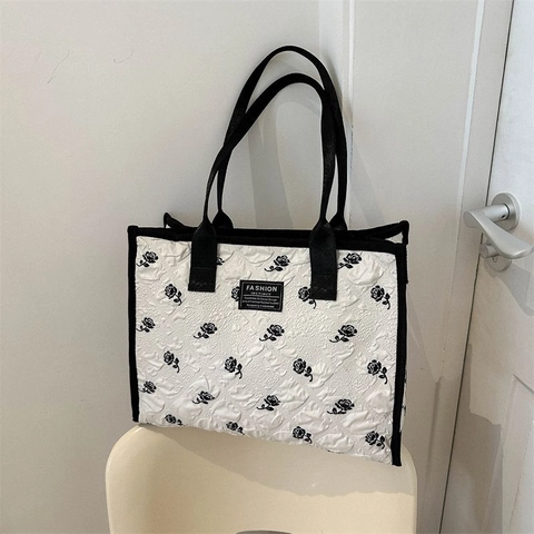 Borsa Tote Grande Capacità Motivo Floreale Rosa Tessuto Trapuntato Texturizzato Per Donna Moda Casual