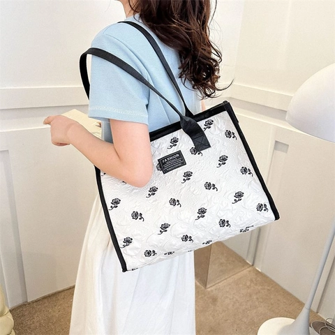 Borsa Tote Grande Capacità Motivo Floreale Rosa Tessuto Trapuntato Texturizzato Per Donna Moda Casual