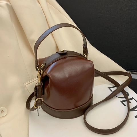 Vintage PU Leather Bucket Bag Contrast Color Crossbody Purse With Top Handle Gold Hardware Casual Chic For Women