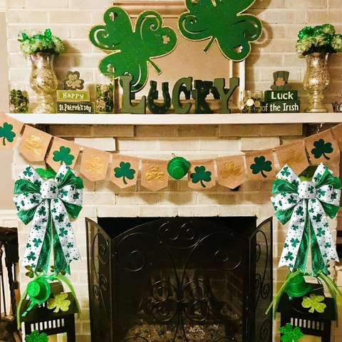 St. Patrick's Day Decorative Bow Green Shamrock Clover Glitter Ribbon Layered Handmade Irish Festival Home Hanging Ornament