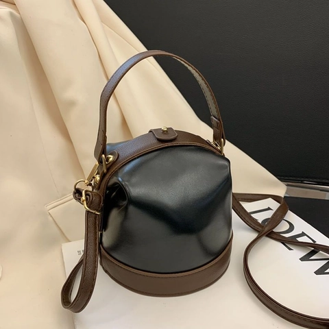 Vintage PU Leather Bucket Bag Contrast Color Crossbody Purse With Top Handle Gold Hardware Casual Chic For Women
