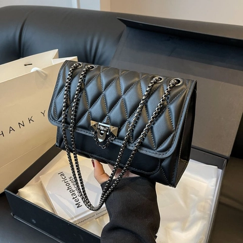Fashion Quilted PU Leather Shoulder Bag Women Rhombus Pattern Metal Chain Crossbody Bag Geometric Lock Small Square Bag