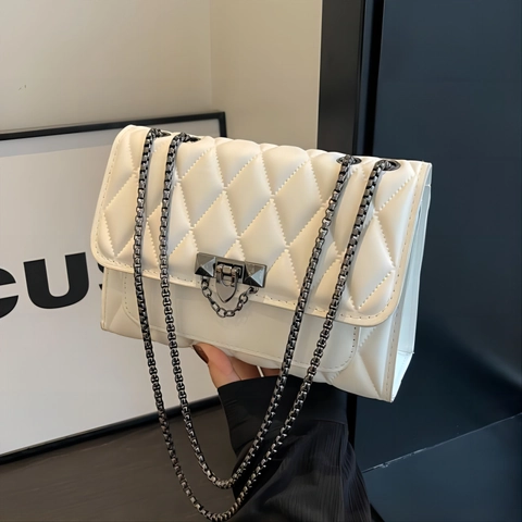 Fashion Quilted PU Leather Shoulder Bag Women Rhombus Pattern Metal Chain Crossbody Bag Geometric Lock Small Square Bag