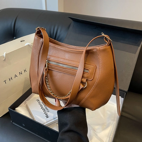Damen Mode PU Leder Hobo Schultertasche mit Lychee Textur Goldkette Reißverschlusstasche Lässige Unterarmtasche für den Alltag