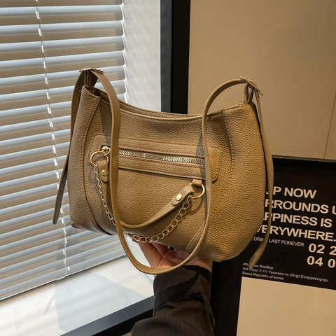 Damen Mode PU Leder Hobo Schultertasche mit Lychee Textur Goldkette Reißverschlusstasche Lässige Unterarmtasche für den Alltag