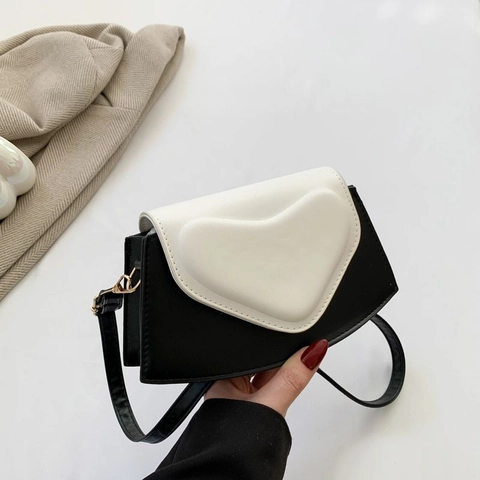 Women Sweet Color Block PU Leather Shoulder Bag With 3D Heart Flap Fashion Small Square Crossbody Bag Girly Daily Messenger Bag