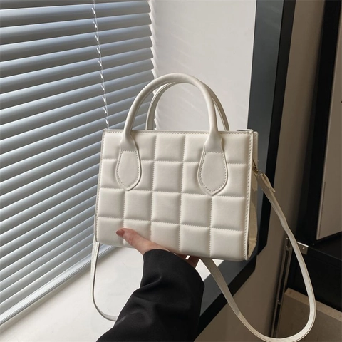 Quilted PU Leather Handbag For Women Elegant Diamond Lattice Top Handle Shoulder Bag With Adjustable Strap