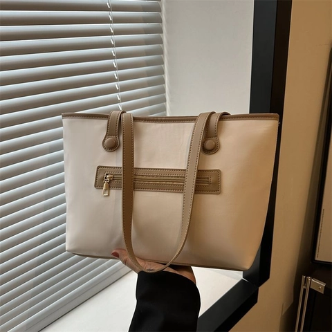 Women Large Capacity Tote Bag PU Leather Front Zipper Pocket Retro Commute Shoulder Handbag Solid Color