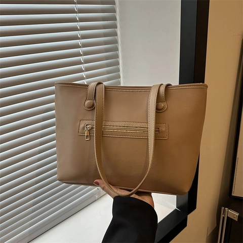 Women Large Capacity Tote Bag PU Leather Front Zipper Pocket Retro Commute Shoulder Handbag Solid Color