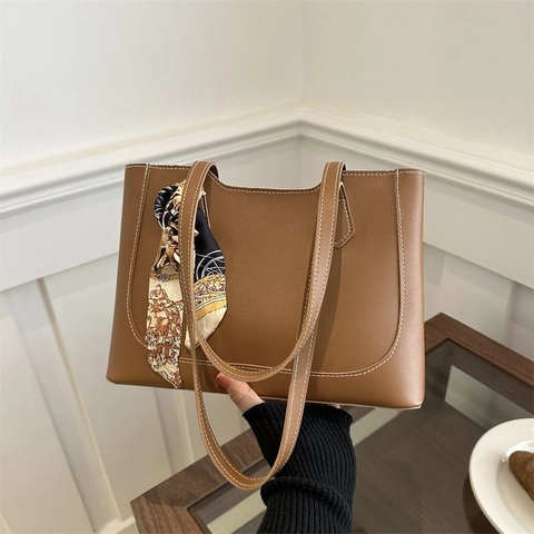Large Capacity PU Leather Tote Bag For Women With Contrast Stitching And Decorative Satin Scarf Elegant Commuter Handbag