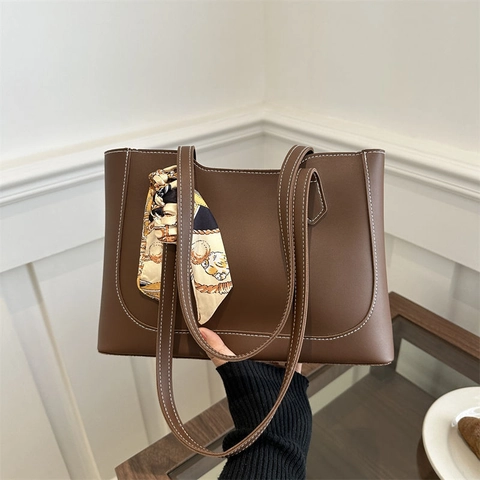 Large Capacity PU Leather Tote Bag For Women With Contrast Stitching And Decorative Satin Scarf Elegant Commuter Handbag