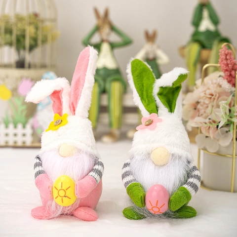 Gnomes Lapin De Pâques Poupées En Peluche Tenant Des Œufs Longues Oreilles De Lapin Décoration De Table Tissu Base Bois