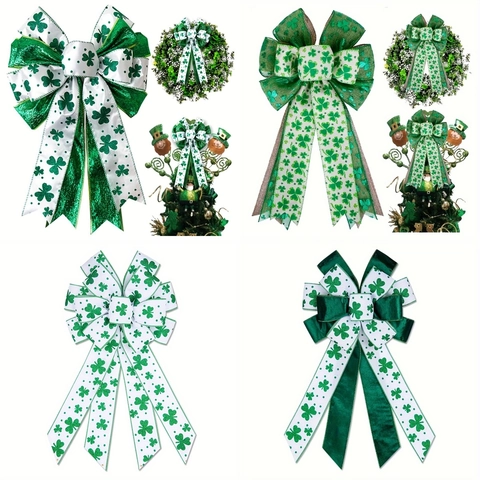 Nœud Décoratif Saint-Patrick Motif Trèfle Vert Blanc Aspect Lin Ruban Satin Pour Couronne Fête Maison Cadeau