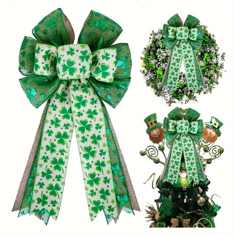 Nœud Décoratif Saint-Patrick Motif Trèfle Vert Blanc Aspect Lin Ruban Satin Pour Couronne Fête Maison Cadeau