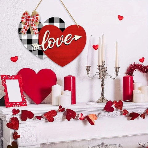 Suspension de Porte en Bois Double Cœur pour la Saint-Valentin avec Signe Love et Nœud Décoration Murale à Carreaux Buffalo