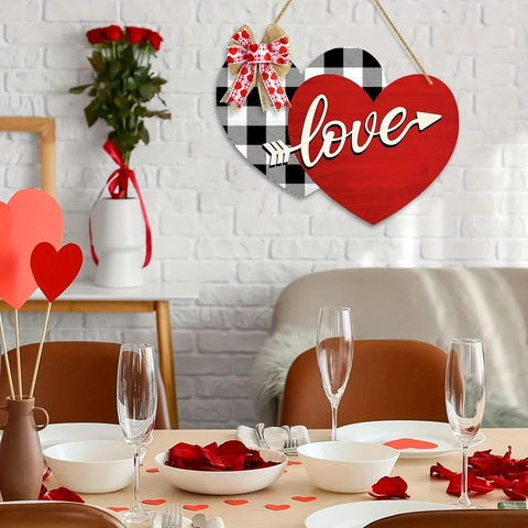 Valentinstag Doppelherz Holztürschild Büffelkaro Schleife Liebe Hängende Plakette Für Hochzeit Haus Wanddekoration