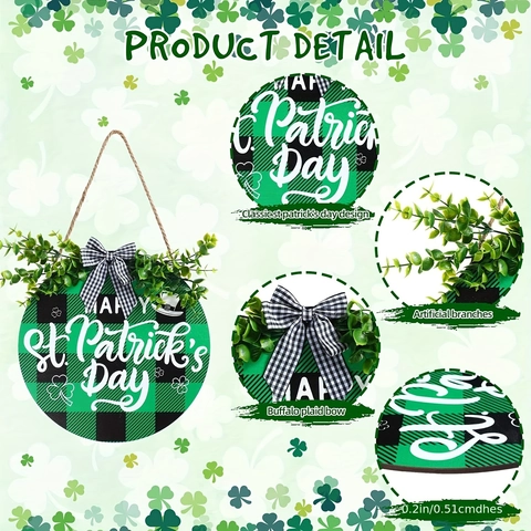Colgador De Puerta San Patricio Letrero Redondo Madera Cuadros Buffalo Verdes Con Eucalipto Artificial Y Lazo Decoración Pared Festiva
