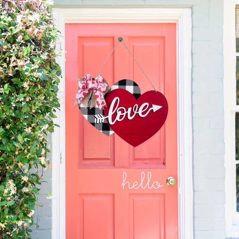 Suspension de Porte en Bois Double Cœur pour la Saint-Valentin avec Signe Love et Nœud Décoration Murale à Carreaux Buffalo