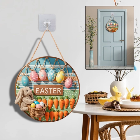 Easter Door Sign Round Wooden Plaque Bunny Rabbit Colorful Eggs Carrot Welcome Hanging Decoration Home Wall Ornament