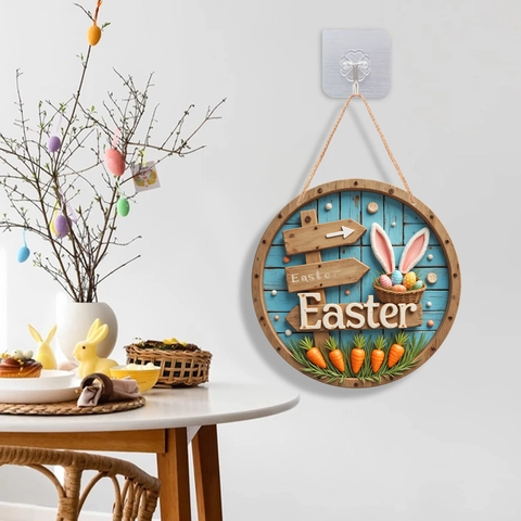 Easter Door Sign Round Wooden Plaque Bunny Rabbit Colorful Eggs Carrot Welcome Hanging Decoration Home Wall Ornament