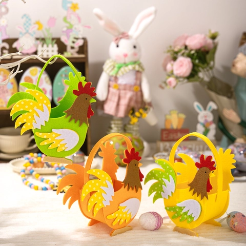 Easter Felt Rooster Basket 3D Chicken Candy Gift Bag Cartoon Animal Handle Polka Dot Holiday Party Decoration Favors
