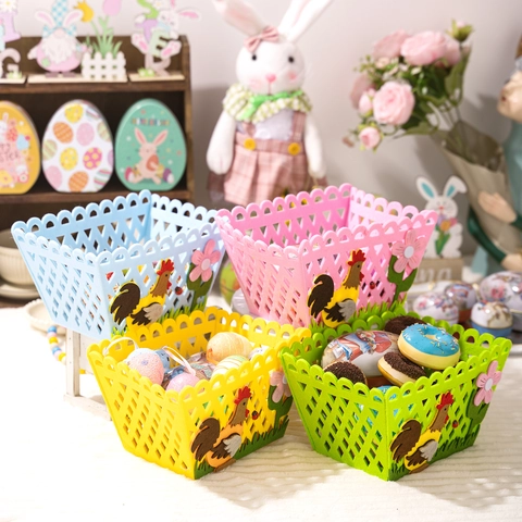 Pastoral Rooster Felt Basket Hollow Out Candy Storage Bag Easter Holiday Party Decoration Gift Basket For Kids Multicolor