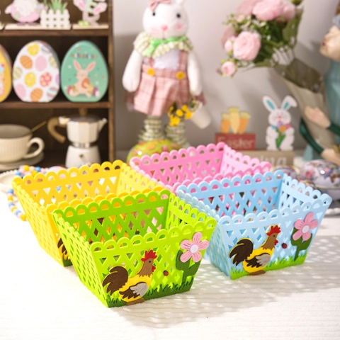 Pastoral Rooster Felt Basket Hollow Out Candy Storage Bag Easter Holiday Party Decoration Gift Basket For Kids Multicolor