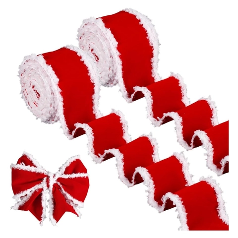 Cinta De Terciopelo Rojo Con Borde De Piel Sintética Blanca Bordes De Alambre Para Lazos Navideños Envoltura De Regalos