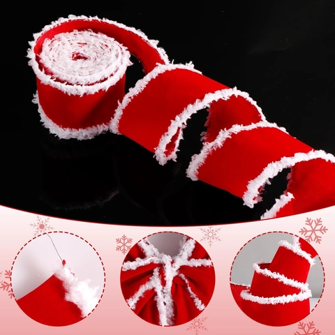 Cinta De Terciopelo Rojo Con Borde De Piel Sintética Blanca Bordes De Alambre Para Lazos Navideños Envoltura De Regalos