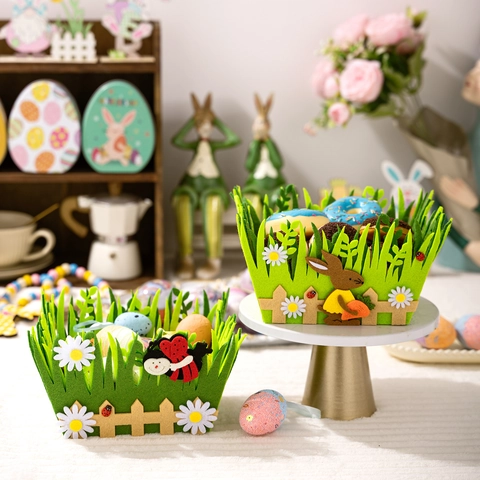 Cestino Di Pasqua Feltro Design Erba Motivo Coniglio Coccinella Borsa Portaoggetti Regalo Decorazione Festa