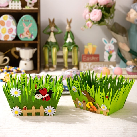 Cestino Di Pasqua Feltro Design Erba Motivo Coniglio Coccinella Borsa Portaoggetti Regalo Decorazione Festa