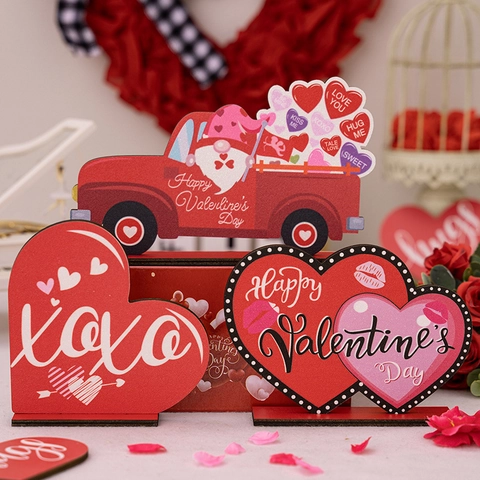 Decorazioni Da Tavolo In Legno Per San Valentino Forma Di Cuore Auto Rossa Gnomo Segno Romantico Festa In Casa