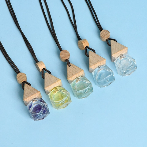 Crystal Car Perfume Bottle Wood Cap Geometric Glass Essential Oil Diffuser Hanging Pendant Home Decor Fragrance Accessories
