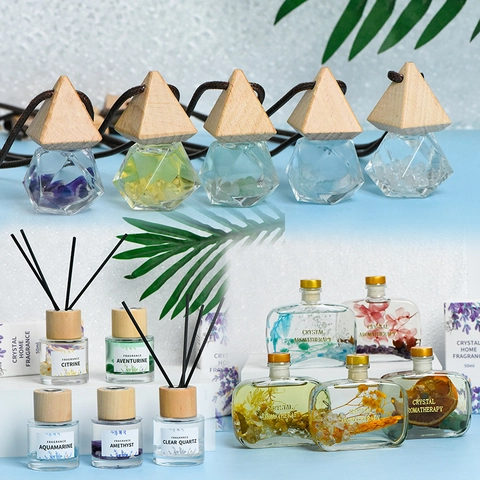 Crystal Aromatherapy Essential Oil Reed Diffuser For Home Car Natural Stone Dried Flower Decorative Glass Bottle Wood Lid