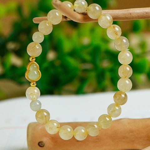 Natürliches Gold Rutilquarz Perlenarmband Mit Jade-Hulu-Anhänger Ethno-Stil Retro Schmuck Für Damen