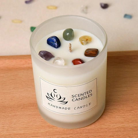 Handmade Scented Candle With Natural Crystal Stones Frosted Glass Jar Soy Wax For Aromatherapy Home Decor Healing Gift