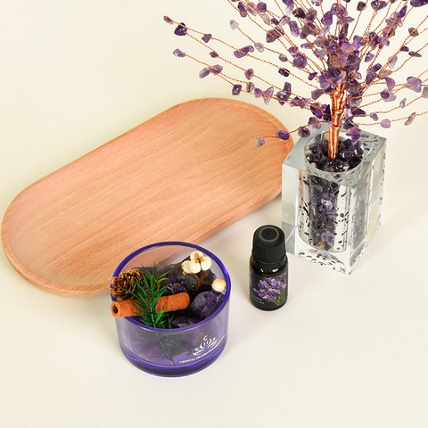 Crystal Aromatherapy Diffuser Healing Gemstone Tree Essential Oil Diffuser Stone Glass Jar Wooden Tray Home Decor Gift