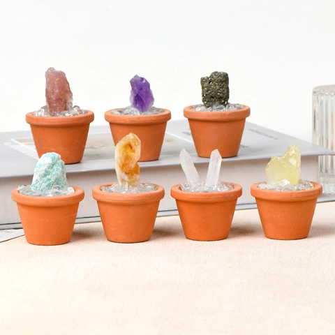 Natural Crystal Raw Stone Mineral Specimen Desktop Ornament With Terracotta Pot For Office Home Decoration Healing Stone Gift