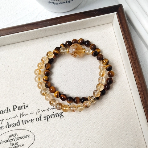 Set Di Bracciali Di Perline In Occhio Di Tigre E Quarzo Rutilato Giallo Doppio Strato Pietra Naturale Gioielli Elastici Per Donne