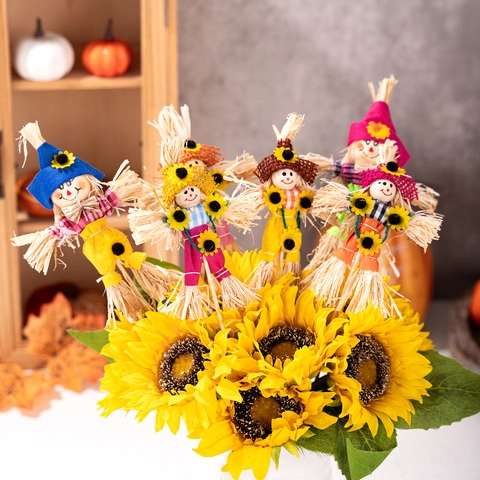 Decorazioni per Spaventapasseri del Ringraziamento Girasole Autunno Raccolto Giardino Arredamento Legno Paglia Sorriso