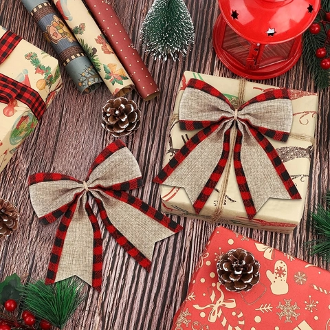Weihnachtsdeko Schleifen Jute Karomuster Handgemacht Rustikal Bauernhaus Baumschmuck Feiertag Geschenkverpackung Dekoration