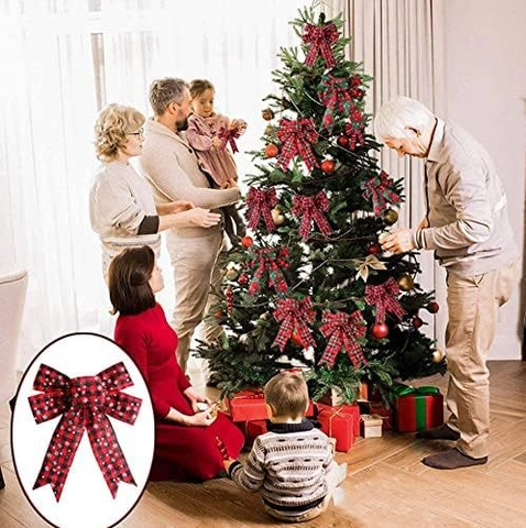 Christmas Tree Topper Bow Red Black Buffalo Plaid Snowflake Burlap Fabric Large Festive Holiday Party Decoration Ornament