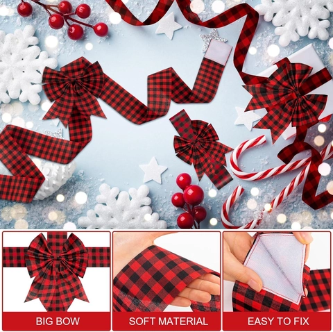 Christmas Door Ribbon Decoration Buffalo Plaid Bow Woven Fabric Cabinet Window Hanging Ornament Festive Home Decor