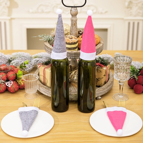 Mini Kerstmuts Bestekhouder Wijnfles Decor Zachte Niet-geweven Pompon Muts Feestelijke Feesttafel Ornament Grijs Roze Diner Accessoire