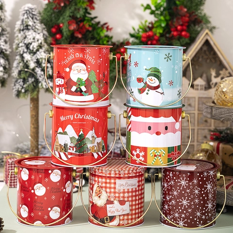 Scatola di Immagazzinaggio Rotonda Portatile in Banda Stagnata di Natale Con Coperchio Maniglia in Metallo Oro Babbo Natale Pupazzo di Neve Confezione Regalo per Caramelle Biscotti Souvenir