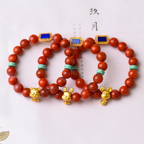 Natural Red Agate Twelve Zodiac Beaded Bracelet Vintage Ethnic Style With 925 Sterling Silver Lapis Lazuli Accents Jewelry